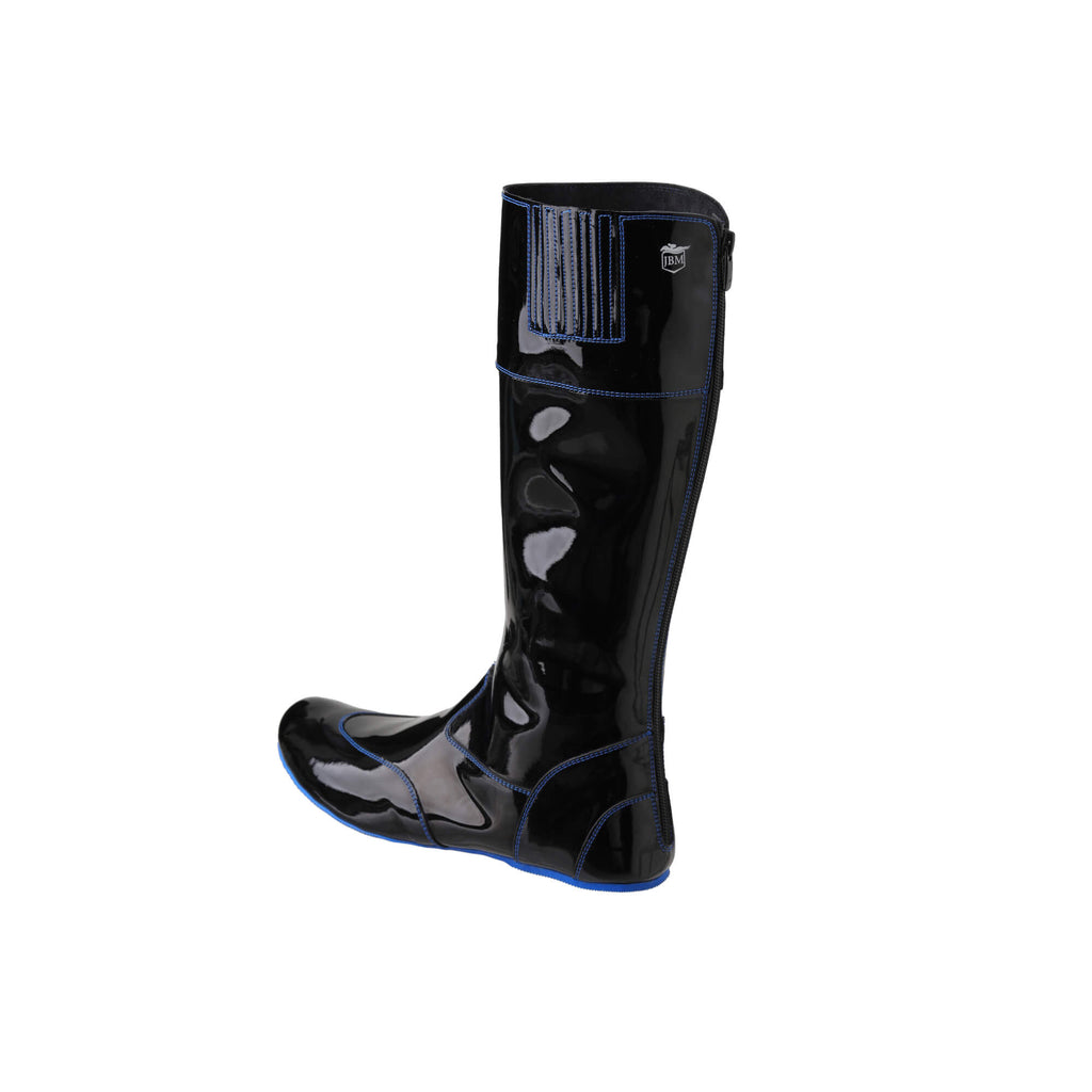 Image showing one tall racing boot against a white background. The boot is made of black material with blue exterior stitching and blue soles. It features a back zip and a 1.5-2cm stretch feature around the calf area. This image provides a side-back perspective of the boot.