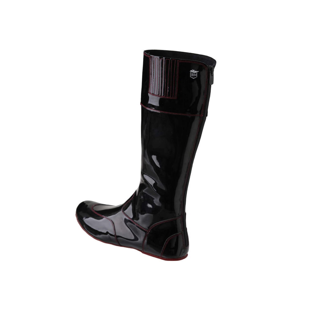 A single tall racing boot displayed against a white background. The boot is made of black material with burgundy exterior stitching and burgundy soles. It features a back zip and a 1.5-2cm stretch feature around the calf. This image showcases the boot from a side-back perspective.