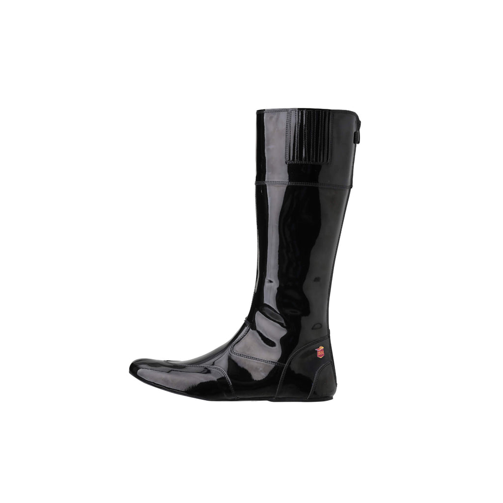 A single tall racing boot displayed against a white background. The boot is made of black shiny material. It features a back zip and a 1.5-2cm stretch feature around the calf. This image only showcases one boot from a side perspective.