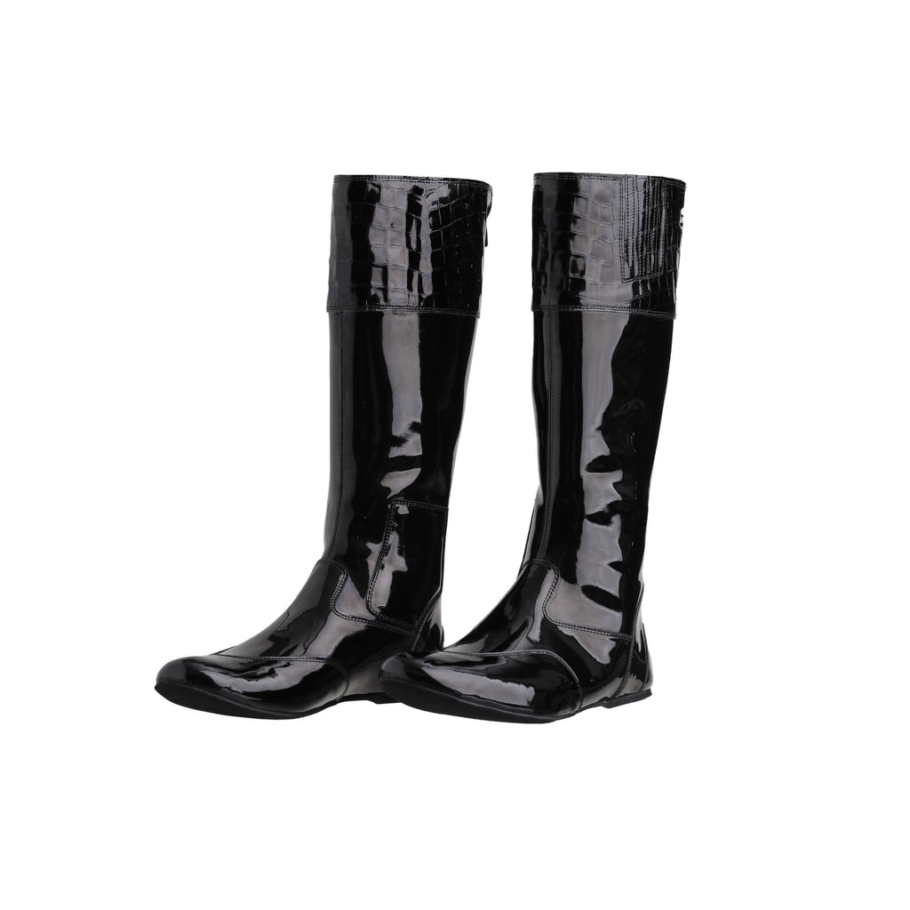 A pair of tall racing boots displayed against a white background. The boots are made of black material with black crocodile accents around the calf area. They feature a back zip and a 1.5-2cm stretch feature around the calf. Both shoes are positioned sole down, with the zipper done, and the angle of the boots slightly positioned to one side.