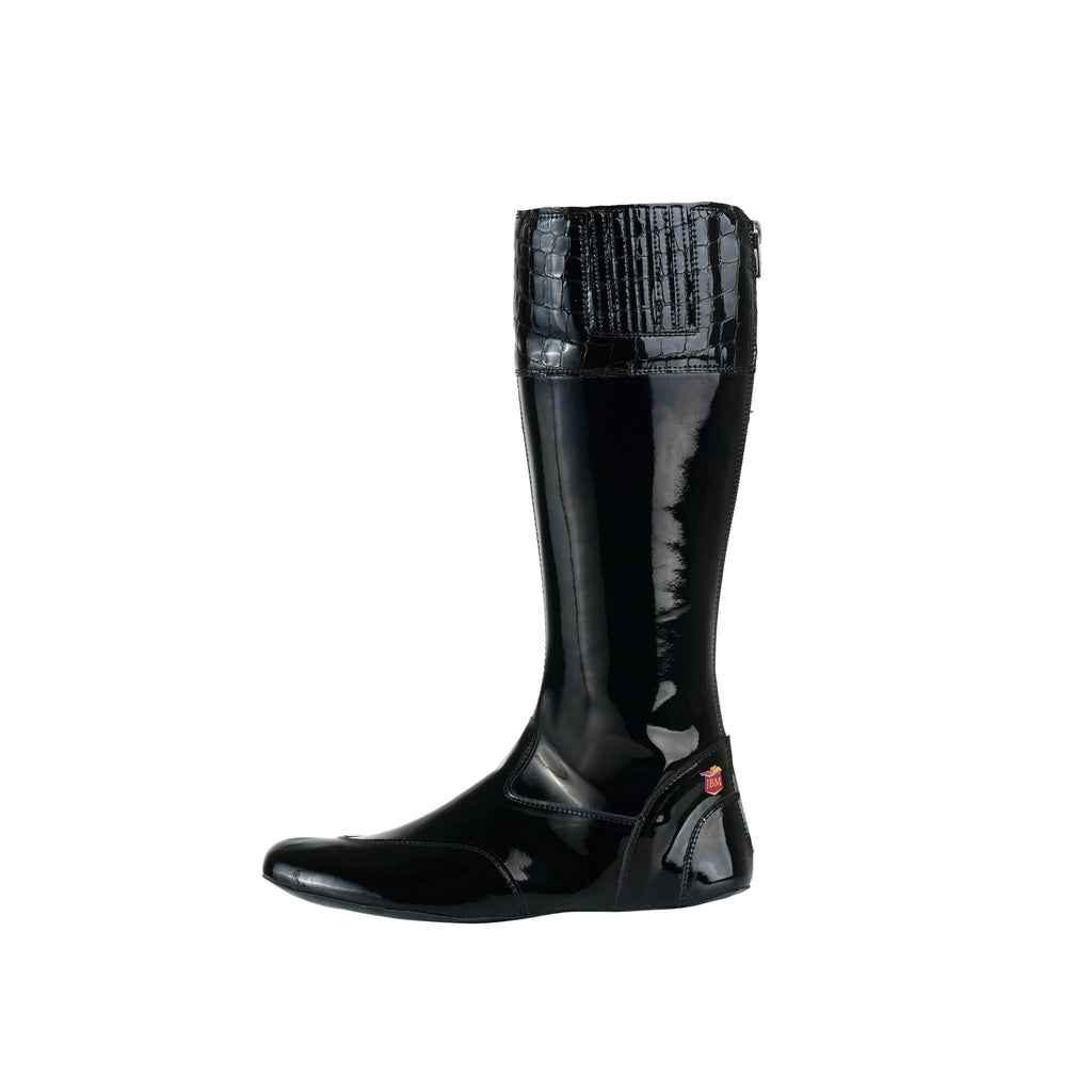 A single tall racing boot displayed against a white background. The boot is made of black material with black crocodile accent around the calf area. It features a back zip and a 1.5-2cm stretch feature around the calf. This image only showcases one boot from a side perspective.