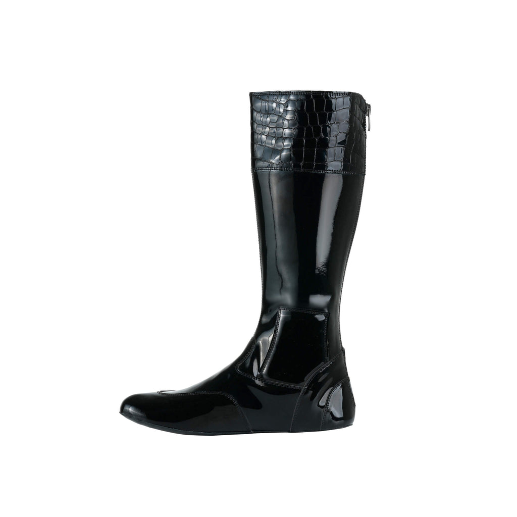 A single tall racing boot displayed against a white background. The boot is made of black material with black crocodile accent around the calf area. It features a back zip and a 1.5-2cm stretch feature around the calf. This image only showcases one boot from a side perspective.