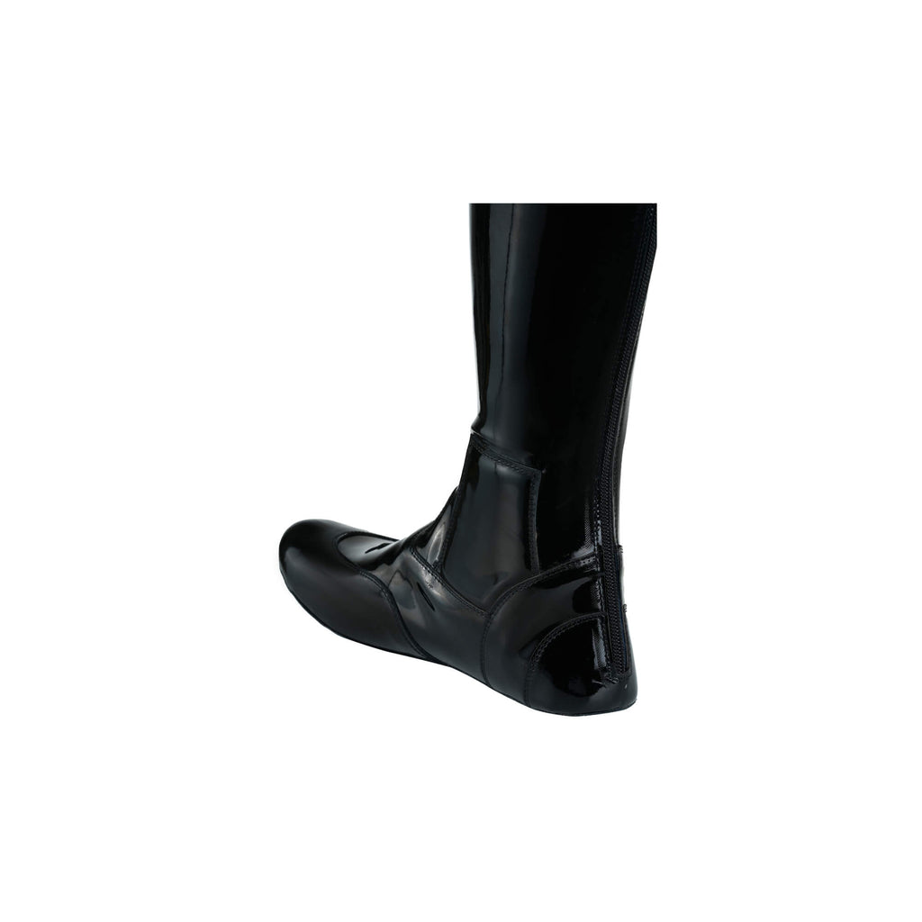 A single tall racing boot displayed against a white background. The boot is made of black material with black crocodile accent around the calf area. It features a back zip and a 1.5-2cm stretch feature around the calf. This image only displays one boot showcased from the back perspective.
