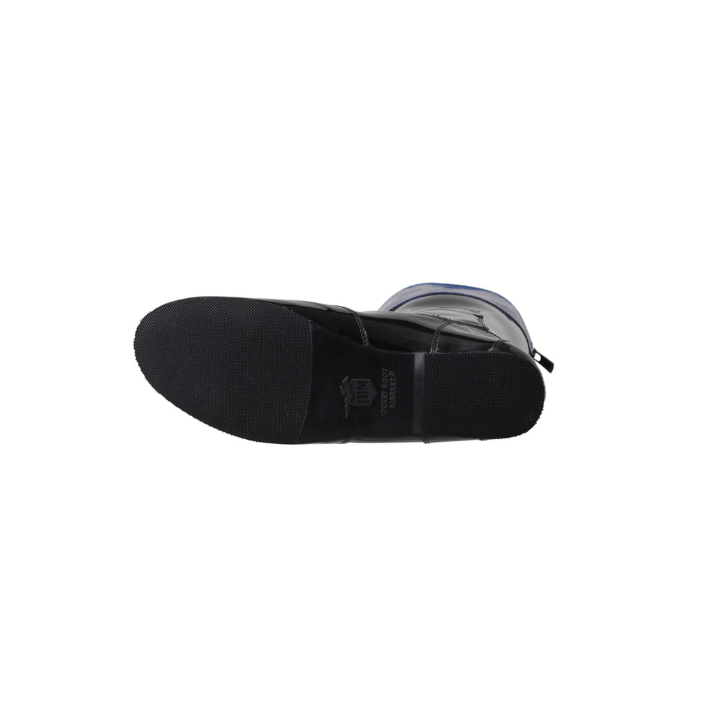 A tall racing boot against a white background. The boot is made out of black material with blue crocodile accents around the calf area. It features a back zip and a 1.5-2cm stretch feature around the calf. The boot is crafted from light, tough, flexible, and strong material. This image only displays one boot laid down to showcase the sole.