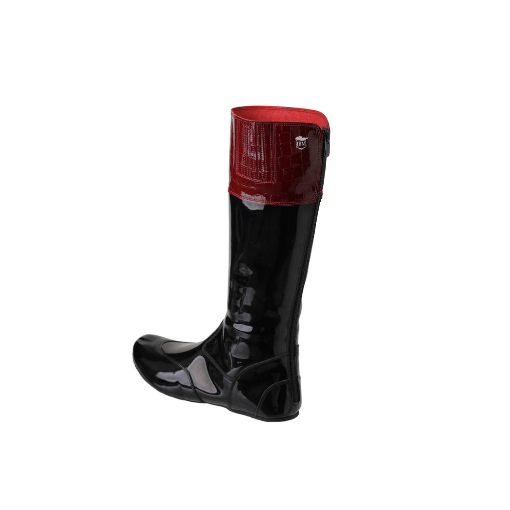 A pair of tall racing boots with black material and burgundy crocodile accents on the calf, displayed on a white background. The boots feature a back zip and a 1.5-2cm stretch feature around the calf. They are made of light, tough, flexible, and strong black material. The image showcases the boot from a side-back perspective.