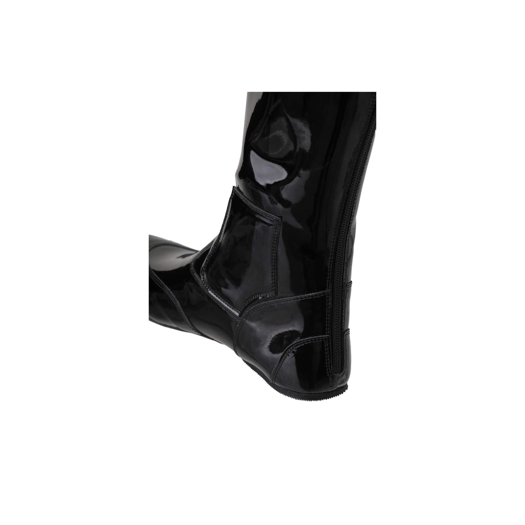 A tall racing boot against a white background. The boot is made of black material with red crocodile accents around the calf. It features a back zip and a 1.5-2cm stretch feature around the calf. This image showcases one boot from the back perspective.