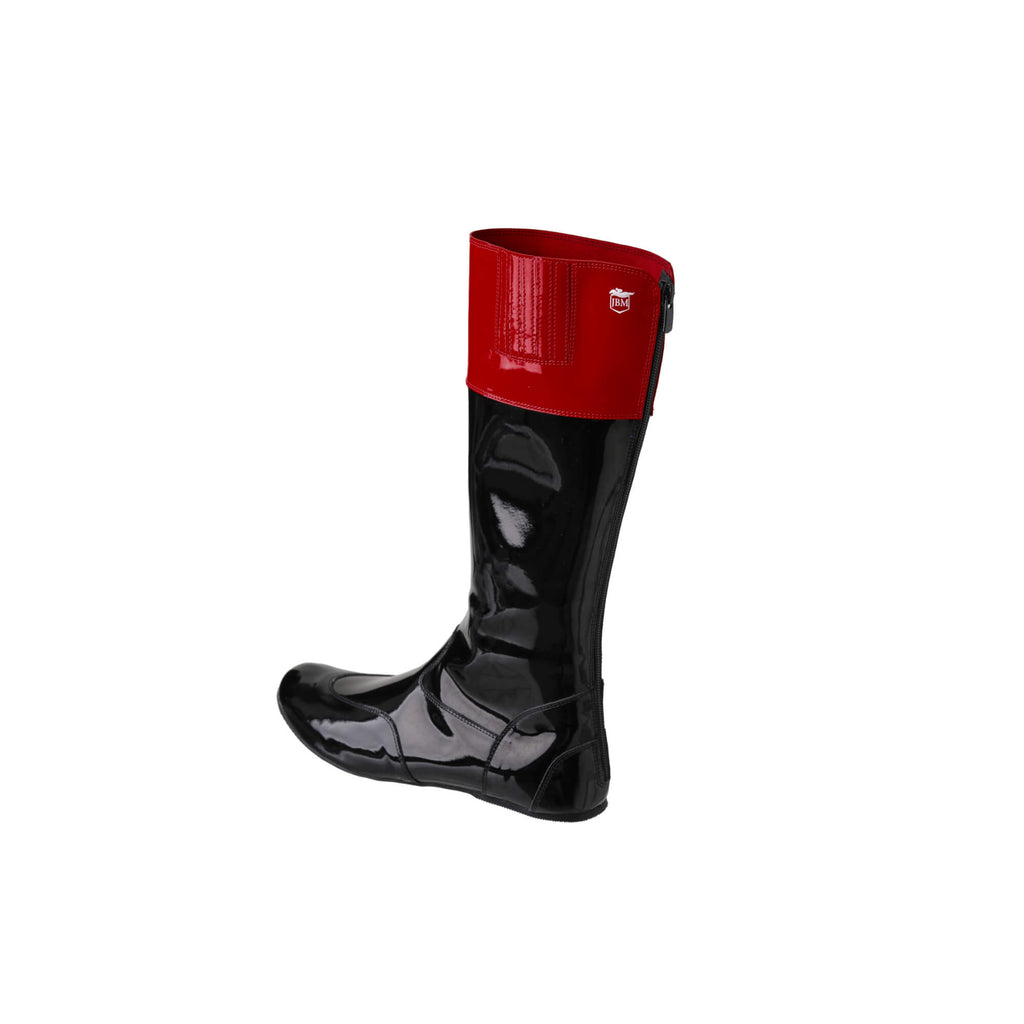 Tall racing boots with black material and red patent leather accents on the calf, displayed on a white background. The boots feature a back zip and a 1.5-2cm stretch feature on the calf area. They are made of light, flexible, and strong material. This image showcases a single boot from a side-back perspective.