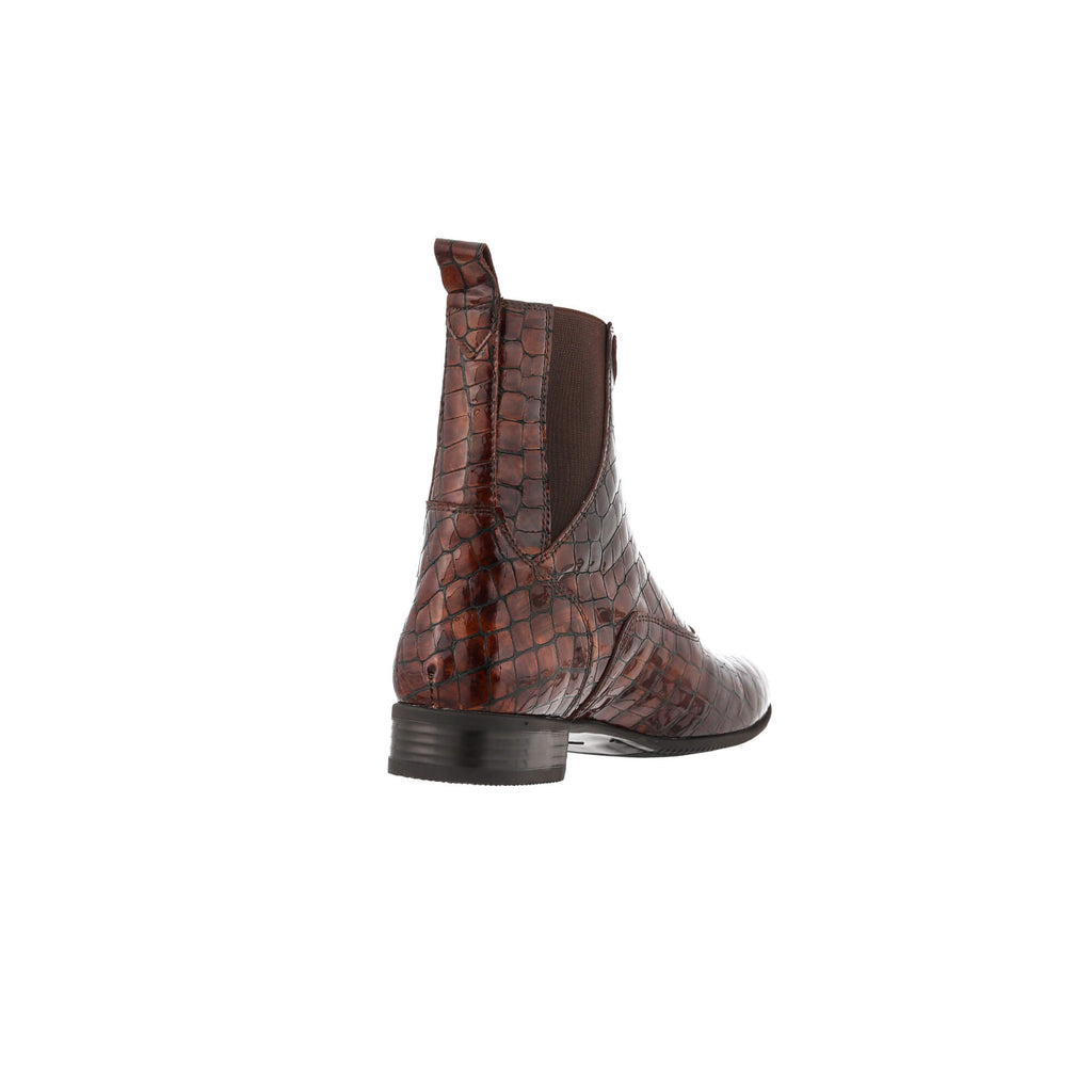 A brown crocodile boot displayed against a white background, showcased from the back perspective.