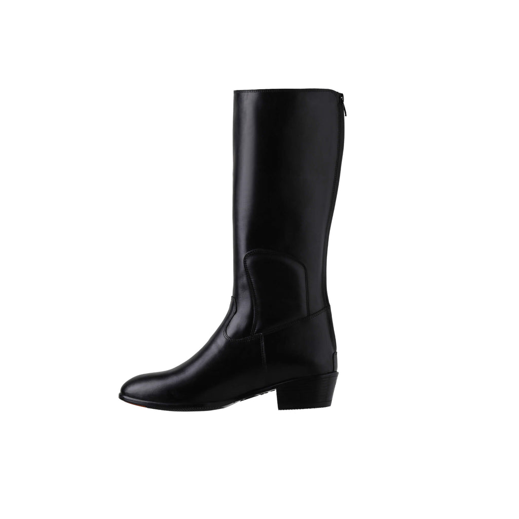 A tall black leather Cuban heel boot with a back zip, displayed against a white background. This image showcases only one boot from a side perspective.