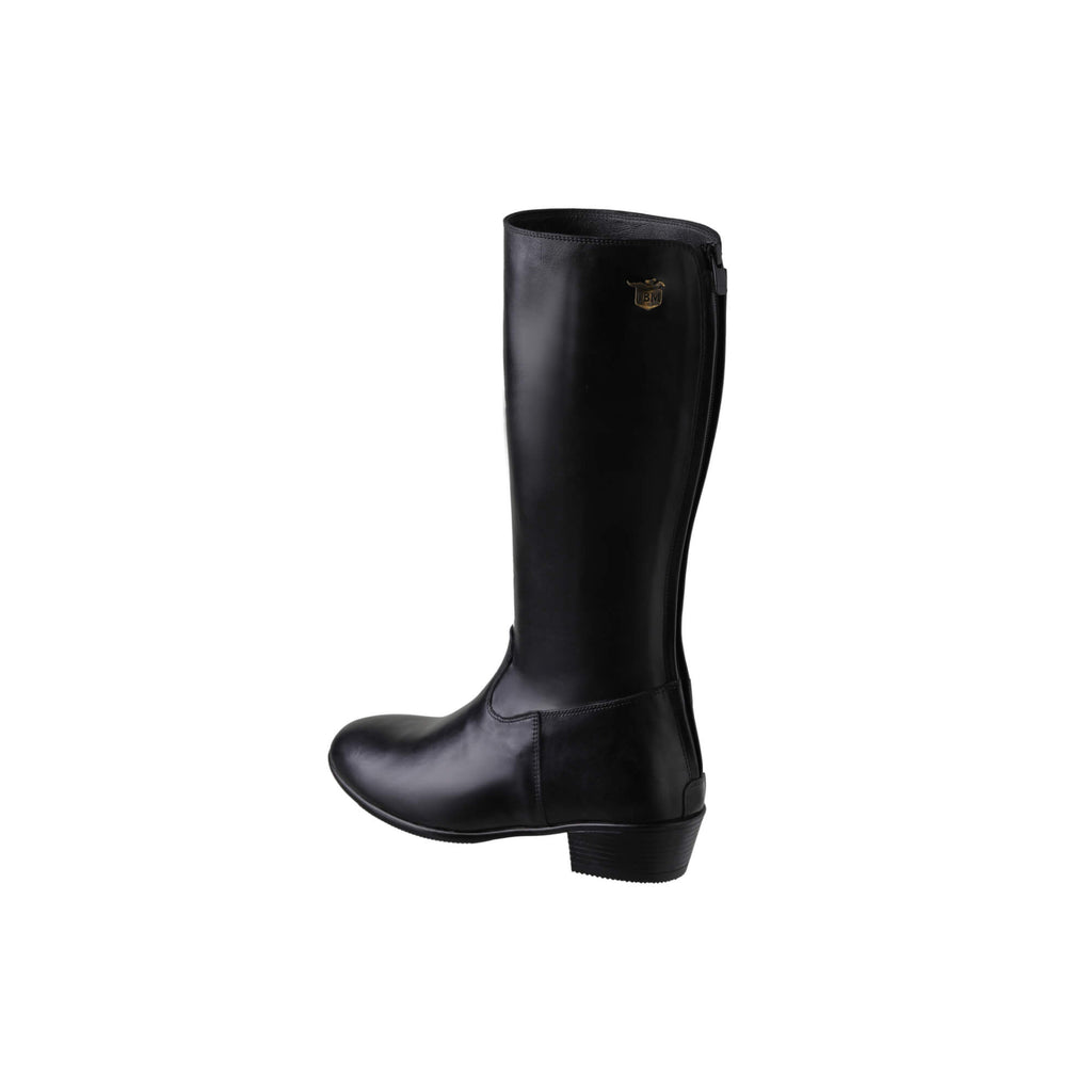 A tall black leather Cuban heel boot with a back zip, displayed against a white background. This image showcases only one boot from a side-back perspective.