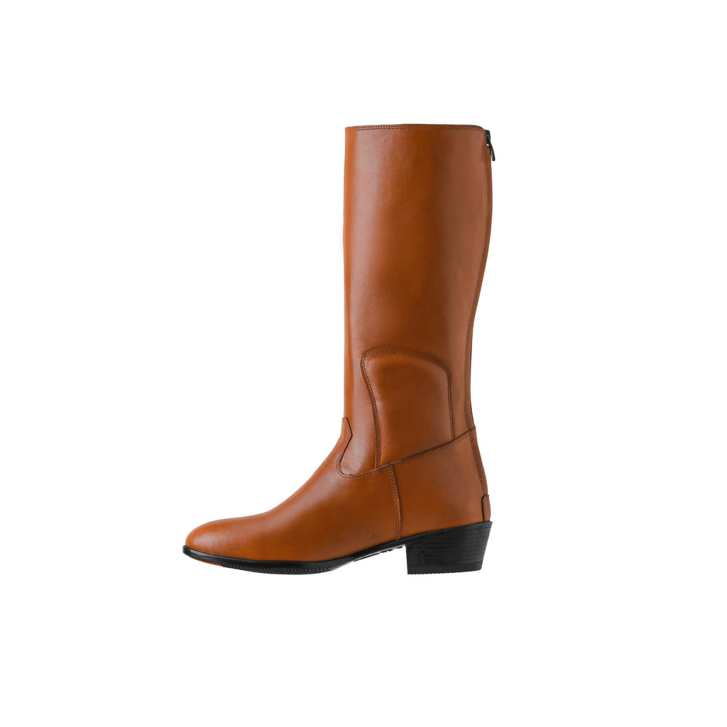 A tall tan leather Cuban heel boot featuring a back zip, displayed against a white background. This image only showcases one boot from a side perspective.