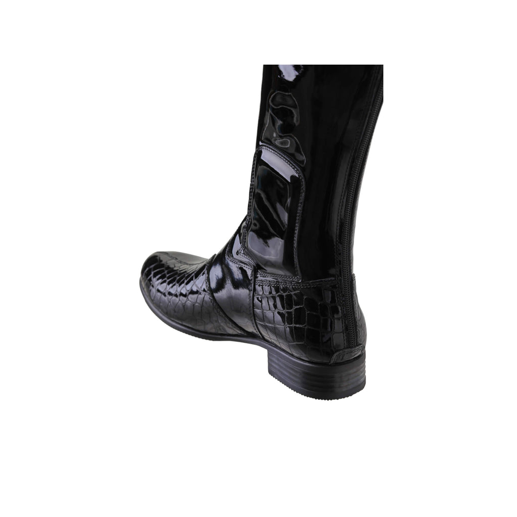 A tall black patent leather and black crocodile accent boot displayed against a white background. The boot features a back zip and a 1.5-2cm stretch feature on the calf area. This image only showcases the boot from the back perspective.