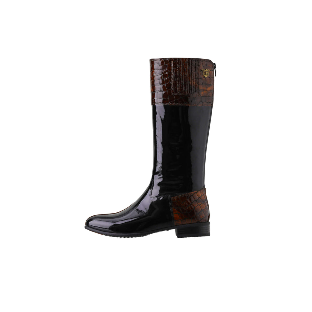A single tall boot displayed against a white background. The boot features black patent leather with brown crocodile accents. It has a back zip and a 1.5-2cm stretch feature on the calf area. The image showcases the boot from a side perspective.