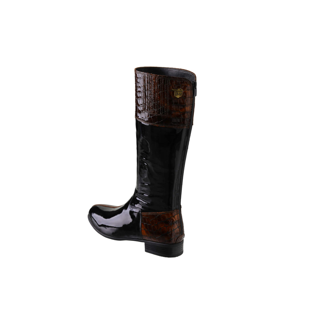 A side-back view of a black patent leather with brown crocodile accents, tall boots. Features a back zip and a 1.5 - 2cm ability to loosen the calf area if required. Displayed against a white background.