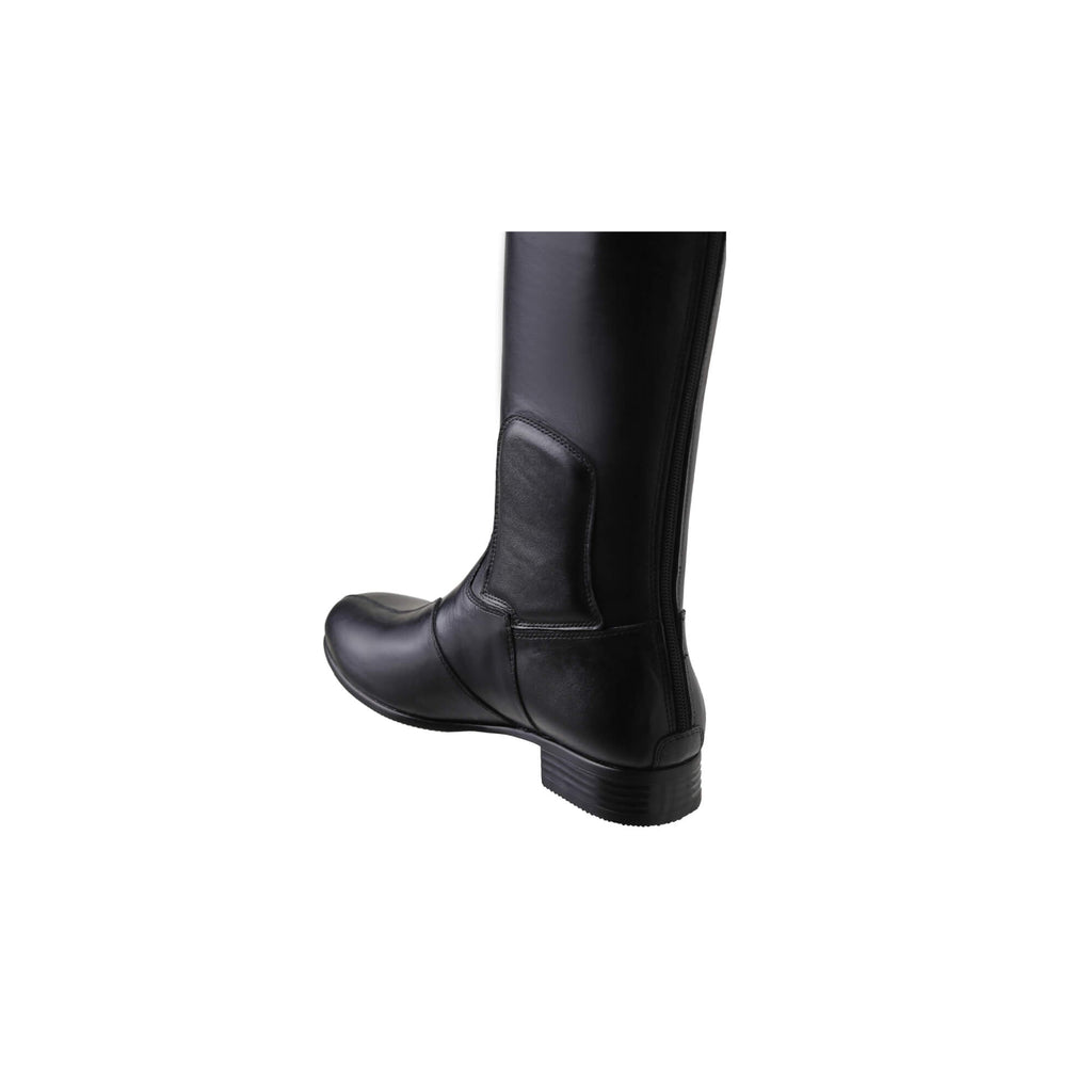 A back view of a black tall leather boot featuring a back zip and a 1.5 - 2cm ability to loosen the calf area if required, against a white background.