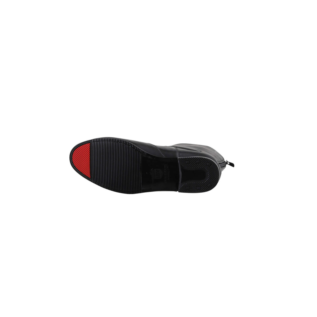 A black tall leather boot featuring a back zip and a 1.5 - 2cm ability to loosen the calf area if required, laid down to showcase the red-tipped sole design, against a white background.