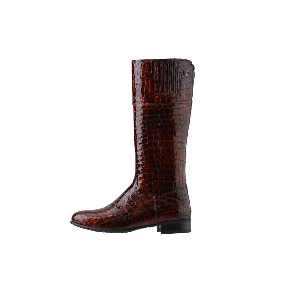 A brown crocodile tall boot featuring a back zip and a 1.5 - 2cm ability to loosen the calf area if required. Displayed against a white background. The image shows one boot from a side perspective, with the zip done.