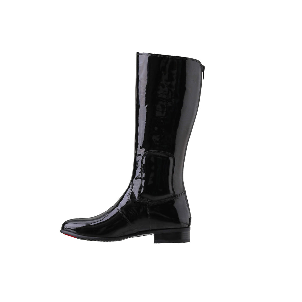 A single tall black patent leather boot displayed against a white background, featuring a back zip and a 1.5-2cm stretch feature on the calf area, shown from a side perspective.