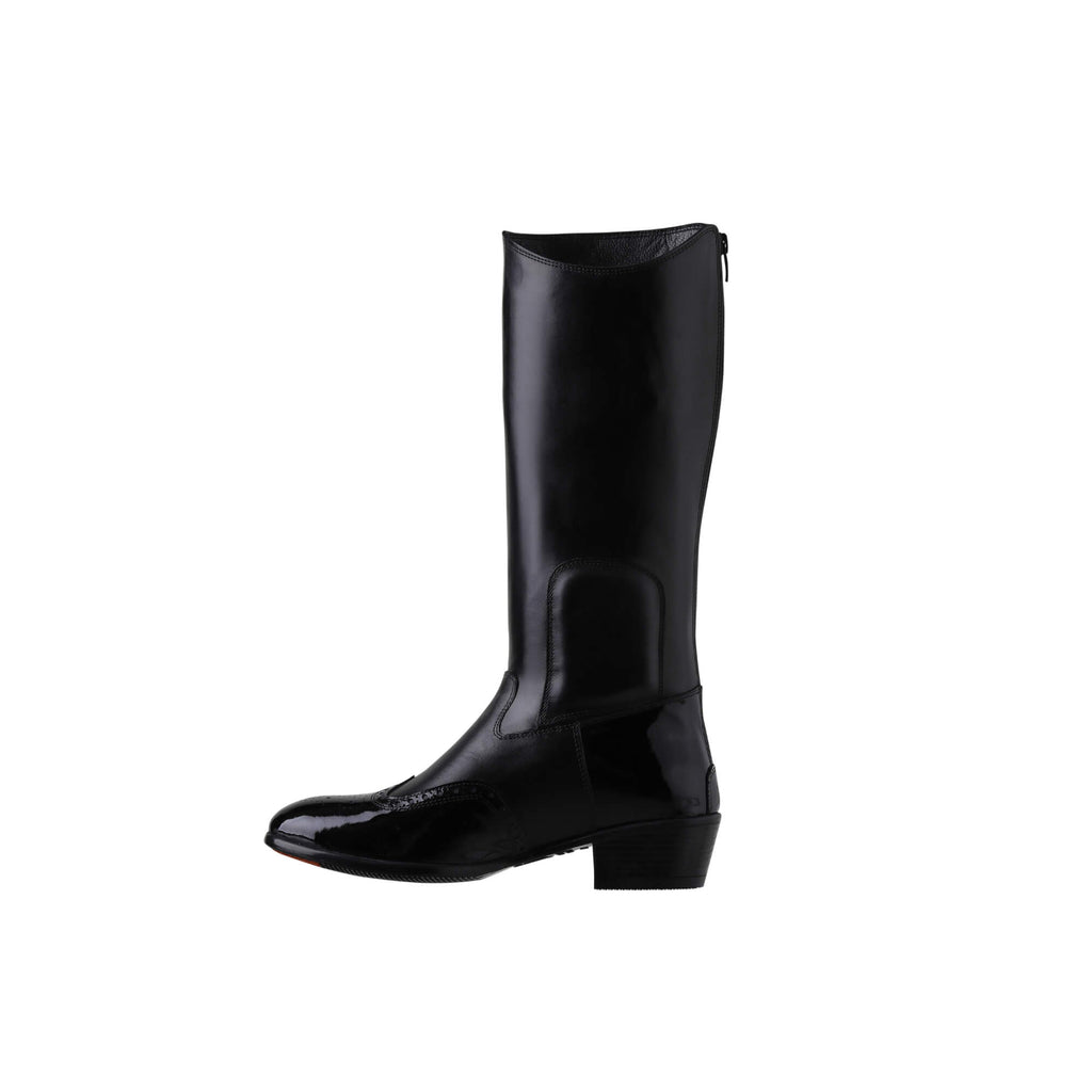 Tall black leather Cuban heel boot with black wingtip-style accents. It features a back zip and is displayed against a white background. This image only showcases one boot from a side perspective.