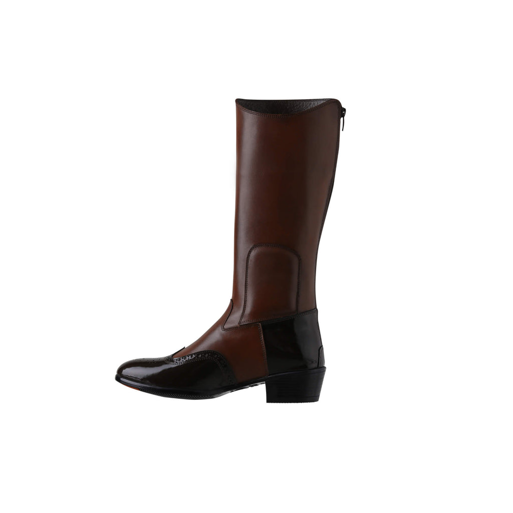 A tall brown leather Cuban heel boot with brown wingtip accents displayed against a white background. The image showcases only one boot from a side perspective, featuring a back zip.